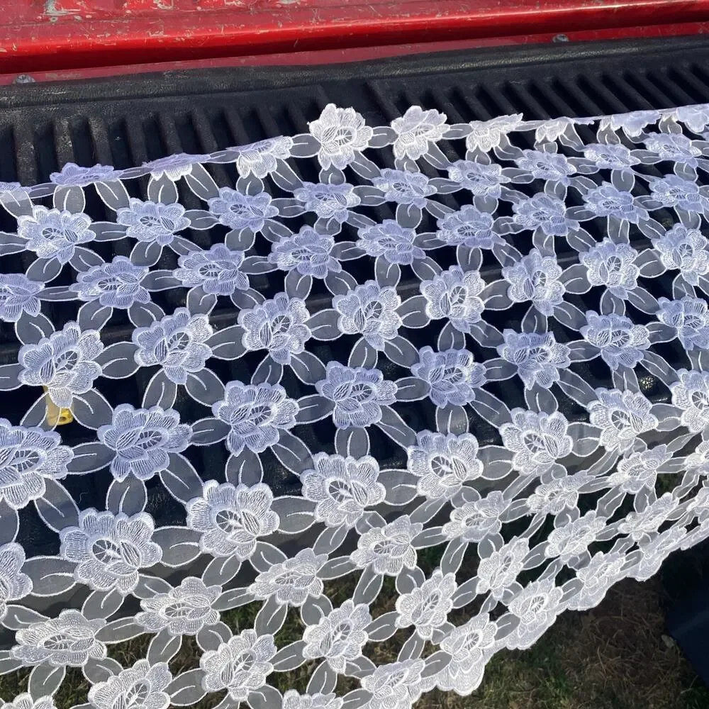 Elegant White Floral Lace Table Runner With Beige Tassels On Either End 80”x24”